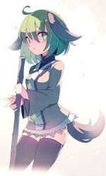 Rule 34 | 1girl, ahoge, animal ears, black thighhighs, blush, cropped legs, dog ears, dog tail, dress, fuukadia (narcolepsy), gradient background, green eyes, green hair, grey dress, hair between eyes, highres, holding, kasodani kyouko, long sleeves, looking at viewer, parted lips, short hair, solo, tail, thighhighs, touhou