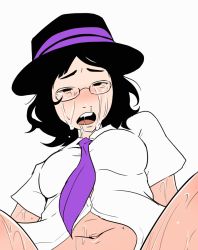 Rule 34 | 1girl, animated, animated gif, black hair, black hat, blouse, bottomless, bouncing breasts, breasts, clenched teeth, closed eyes, cookie (touhou), dress shirt, fedora, glasses, hat, navel, necktie, open clothes, open mouth, open shirt, runny nose, sex, shirt, short hair, simple background, snot, solo focus, sorry carl, spread legs, stomach bulge, sweat, tears, teeth, touhou, usami renko, uzuki (cookie), white background, white shirt