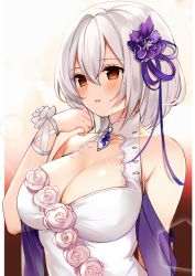 Rule 34 | 1girl, azur lane, blue gemstone, blush, breasts, cleavage, cleavage cutout, clothing cutout, collarbone, commentary request, dress, flower, gem, glint, gradient background, hair between eyes, hair flower, hair ornament, hand up, large breasts, parted lips, pink flower, pink rose, purple flower, red background, red eyes, rose, ry thae, shawl, short hair, silver hair, sirius (azur lane), sirius (white rose) (azur lane), sleeveless, sleeveless dress, smile, solo, upper body, white dress, wrist wrap