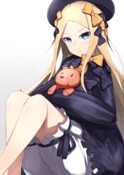 Rule 34 | 1girl, abigail williams (fate), absurdres, black bow, black dress, black hat, blonde hair, bloomers, blue eyes, bow, bug, butterfly, closed mouth, commentary request, dress, fate (series), frown, gradient background, grey background, hair bow, hat, highres, hugging object, insect, long hair, looking at viewer, multiple hair bows, nanakaku, orange bow, parted bangs, polka dot, polka dot bow, simple background, sitting, solo, stuffed animal, stuffed toy, teddy bear, underwear, v-shaped eyebrows, very long hair, white background, white bloomers