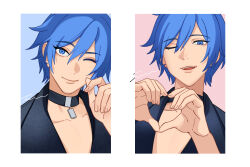 Rule 34 | 1boy, bishounen, black choker, black shirt, blue background, blue eyes, blue hair, border, choker, closed mouth, collarbone, earrings, guilty (module), heart, heart hands, highres, jewelry, kaito (vocaloid), long eyelashes, looking at viewer, one eye closed, open mouth, pink background, portrait, project diva (series), shirt, short hair, signature, smile, soup dumplin, stud earrings, vocaloid, white border
