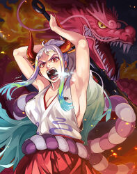 Rule 34 | 1girl, armpits, arms up, breasts, cleavage, club, club (weapon), commentary request, curled horns, dragon, earrings, eastern dragon, fighting stance, fire, green hair, hakama, hakama pants, hoop earrings, horns, japanese clothes, jewelry, kimono, kouzuki momonosuke, large breasts, long hair, moroi, multicolored hair, one piece, oni, open mouth, orange eyes, pants, red horns, rope, sideboob, sleeveless, sleeveless kimono, solo, spiked club, weapon, white hair, yamato (one piece)