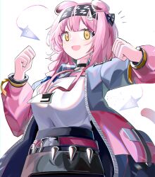 Rule 34 | 1girl, :d, animal ears, arknights, black hairband, black skirt, blue bow, bow, braid, breasts, cat ears, cat girl, cat tail, clenched hands, goldenglow (arknights), grey jacket, hair bow, hair over shoulder, hairband, hands up, highres, jacket, lanyard, lightning bolt print, long hair, long sleeves, medium breasts, open clothes, open jacket, open mouth, pink hair, print hairband, puffy long sleeves, puffy sleeves, shirt, simple background, single braid, skirt, smile, solo, spam (spamham4506), tail, white background, white shirt, yellow eyes