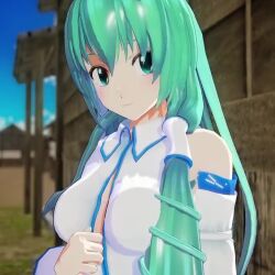 Rule 34 | 1girl, 3d, animated, blurry, blurry background, breasts, clothes pull, cloud, frog hair ornament, green eyes, green hair, hair ornament, kochiya sanae, large breasts, long hair, looking at viewer, matching hair/eyes, mofumoko5, no bra, outdoors, seductive smile, sideboob, sky, smile, solo, tagme, teasing, touhou, upper body, video