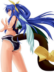 Rule 34 | 1girl, alternate costume, arc system works, ass, asymmetrical wings, bare shoulders, blue hair, bow, dizzy (guilty gear), from behind, guilty gear, hair ribbon, highres, long hair, red eyes, renk0n, ribbon, short shorts, shorts, tail, tank top, very long hair, wings