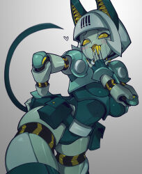 Rule 34 | 1girl, animal ears, blush, breasts, cat ears, cat girl, cat tail, commentary, english commentary, fang, grey background, hand on own ass, heart, highres, humanoid robot, laughing, leaning forward, mechanical ears, medium breasts, ojou-sama pose, open mouth, original, pouch, robo-fortune, robot, simple background, skin fang, skullgirls, solid eyes, solo, tail, waa153, yellow eyes