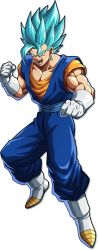 Rule 34 | 1boy, blue eyes, blue hair, boots, clenched hands, dougi, dragon ball, dragon ball fighterz, dragonball z, earrings, fighting stance, fusion, gloves, highres, jewelry, male focus, muscular, official art, open mouth, potara earrings, solo, spiked hair, super saiyan, super saiyan blue, transparent background, vegetto, white footwear