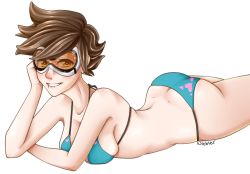 Rule 34 | 1girl, ass, bare shoulders, bikini, biting, blush, bra, breast press, breasts, brown eyes, brown hair, butt crack, dimples of venus, female focus, goggles, heart, heart print, large breasts, looking at viewer, lying, on stomach, overwatch, overwatch 1, panties, short hair, smile, solo, swimsuit, the pose, tracer (overwatch), underwear