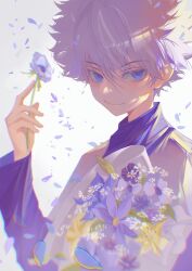 Rule 34 | 1boy, blue eyes, child, commentary, commentary request, feitian5575, flower, highres, hunter x hunter, killua zoldyck, long sleeves, looking at viewer, male focus, short hair, simple background, smile, solo, spiked hair, turtleneck, white hair