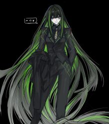 Rule 34 | 1girl, alfonso (project moon), ashi (dongshi389), barcode, barcode tattoo, black background, black necktie, black pants, black shirt, black suit, formal, green hair, green necktie, green trim, highres, limbus company, multicolored hair, necktie, pants, project moon, shirt, simple background, solo, streaked hair, suit, tattoo
