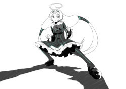 Rule 34 | 1girl, ahoge, clenched hands, dress, fighting stance, flat chest, forehead jewel, greyscale, hair tubes, highres, huge ahoge, killy rock, long hair, mary janes, monochrome, neon trim, pantyhose, shoes, solo, spot color, under night in-birth, vatista, very long hair