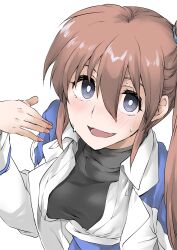 Rule 34 | 1girl, :d, black eyes, black sweater, blush, brown hair, collared shirt, elf (stroll in the woods), fanning face, hair between eyes, highres, long hair, long sleeves, looking at viewer, lyrical nanoha, mahou shoujo lyrical nanoha, nose blush, open clothes, open mouth, open shirt, shirt, side ponytail, sidelocks, simple background, smile, solo, sweat, sweater, takamachi nanoha, textless version, turtleneck, turtleneck sweater, upper body, white background, white shirt