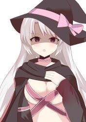 Rule 34 | 1girl, absurdres, angry, ayachi nene, belt, belt bra, belt collar, black cloak, black eyes, black headwear, blush, bow, breasts, cleavage, cleveland1024, cloak, collar, commentary request, grey hair, hair between eyes, hand on own chest, hand up, hat, hat bow, highres, large breasts, long hair, long sleeves, looking at viewer, open mouth, pink belt, pink bow, sanoba witch, shaded face, sidelocks, simple background, solo, straight-on, straight hair, upper body, v-shaped eyebrows, very long hair, white background, witch hat