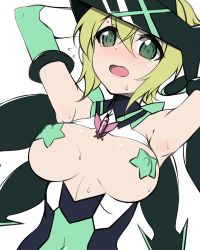 Rule 34 | 1girl, akatsuki kirika, armpits, arms up, blonde hair, blush, breasts, breasts apart, breasts out, commentary request, covered erect nipples, covered navel, green eyes, headgear, kuro mushi, looking at viewer, medium breasts, pasties, senki zesshou symphogear, shiny skin, short hair, simple background, solo, star pasties, sweat, upper body, white background