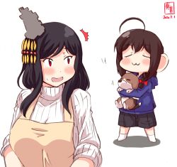 Rule 34 | 2girls, :3, aged down, ahoge, alternate costume, apron, artist logo, black hair, black pants, blue hoodie, blush, bow, braid, brown hair, carrying, child, closed eyes, commentary request, dated, dog, hair bow, hair ornament, hair over shoulder, highres, hood, hood down, hoodie, kanon (kurogane knights), kantai collection, long sleeves, multiple girls, open mouth, pants, red bow, red eyes, ribbed sweater, shigure (kancolle), simple background, single braid, smile, socks, surprised, sweater, turtleneck, turtleneck sweater, white background, white legwear, white sweater, yamashiro (kancolle)
