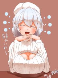 Rule 34 | 1girl, :d, arm rest, bad id, bad twitter id, blush, breast rest, breasts, cleavage, cleavage cutout, clothing cutout, colored eyelashes, commentary request, dated, fingers together, grey hair, hat, head tilt, highres, huge breasts, letty whiterock, md5 mismatch, meme attire, open-chest sweater, open mouth, pyonsuke (pyon2 mfg), resized, ribbed sweater, simple background, sketch, smile, solo, sweater, teeth, tongue, touhou, translation request, turtleneck