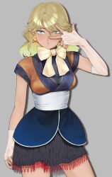 Rule 34 | 1girl, :/, blonde hair, bow, bowtie, breasts, closed mouth, contrapposto, cowboy shot, drop shadow, earrings, elbow gloves, eyebrows hidden by hair, gloves, green eyes, grey background, hair between eyes, highres, jewelry, looking at viewer, medium breasts, medium hair, mizuhashi parsee, nail polish, pointy ears, sibata maru, simple background, solo, touhou, v over eye, wall