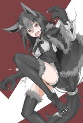 Rule 34 | &gt;:d, 1girl, :d, animal ears, black hair, black ribbon, black shorts, black thighhighs, blush, breasts, brown eyes, buttons, cape, claws, creatures (company), fang, fur trim, game freak, gen 3 pokemon, grey hair, hair between eyes, highres, long hair, low-tied long hair, medium breasts, mightyena, multicolored hair, nintendo, open mouth, personification, pokemon, pokemon rse, ribbon, shirokuma1414, shorts, smile, solo, streaked hair, tail, thighhighs, torn clothes, torn sleeves, underbust, v-shaped eyebrows, very long hair, wolf ears, wolf paws, wolf tail