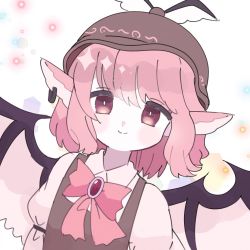 Rule 34 | 1girl, bow, bowtie, earrings, epizushino, hair between eyes, jewelry, juliet sleeves, long sleeves, looking at viewer, mystia lorelei, one-hour drawing challenge, pink hair, puffy sleeves, simple background, smile, solo, swept bangs, touhou, upper body, white background, wings
