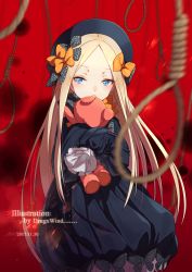 Rule 34 | 1girl, abigail williams (fate), black bow, black dress, black hat, blue eyes, blurry, blurry background, blurry foreground, blush, bow, bug, butterfly, commentary request, covered mouth, dated, depth of field, dress, fate/grand order, fate (series), hands in opposite sleeves, hat, highres, hugging object, insect, long hair, long sleeves, noose, orange bow, parted bangs, polka dot, polka dot bow, rope, solo, stuffed animal, stuffed toy, teddy bear, very long hair