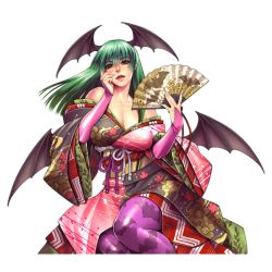 Rule 34 | 1girl, alternate costume, animal print, artist request, bare shoulders, bat print, bat wings, breasts, bridal gauntlets, capcom, demon girl, green hair, hand fan, hand on own face, head wings, highres, japanese clothes, kimono, large breasts, lips, lipstick, long hair, makeup, morrigan aensland, off shoulder, official art, onimusha soul, pantyhose, patterned legwear, print pantyhose, red eyes, solo, vampire (game), white background, wings