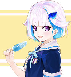 Rule 34 | 1girl, :d, alternate hair length, alternate hairstyle, blue hair, blunt bangs, blunt ends, blush, breast pocket, commentary, food, from side, hair ornament, highres, holding, holding food, lize helesta, looking at viewer, multicolored hair, neck ribbon, nijisanji, open mouth, pocket, popsicle, purple eyes, ribbon, sailor collar, sakino shingetsu, school uniform, serafuku, short hair, short sleeves, simple background, smile, solo, two-tone background, two-tone hair, upper body, virtual youtuber, white hair