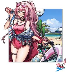 Rule 34 | 1girl, ambriel (arknights), ambriel (holiday) (arknights), arknights, beach, beach chair, beach umbrella, black collar, blush, breasts, bullet hole, cactus, can, casual one-piece swimsuit, cleavage, closed mouth, collar, commentary, covered navel, cowboy shot, day, drink can, eyewear on head, frilled one-piece swimsuit, frills, heart, heart-shaped eyewear, high ponytail, holding, holding can, holding suitcase, infection monitor (arknights), innertube, jewelry, kuroinu9, long hair, looking at viewer, medium breasts, necklace, ocean, off shoulder, official alternate costume, one-piece swimsuit, one eye closed, outdoors, outside border, pink-tinted eyewear, pink hair, pink scrunchie, purple eyes, red nails, red one-piece swimsuit, rolling suitcase, scrunchie, shirt, sidelocks, sky, sleeveless, sleeveless shirt, soda can, solo, suitcase, swim ring, swimsuit, thigh strap, tied shirt, tinted eyewear, umbrella, white shirt, wrist scrunchie