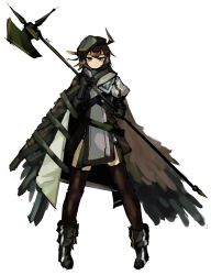 Rule 34 | 1girl, ahoge, arknights, beret, black gloves, black hat, brown hair, cloak, elbow gloves, expressionless, feather hair, feathered wings, female focus, full body, gloves, hair between eyes, hat, highres, holding, holding polearm, holding weapon, looking at viewer, multicolored hair, plume (arknights), polearm, short hair, simple background, solo, standing, strap, thighhighs, truffletrefla, two-tone hair, weapon, white background, white hair, wings, yellow eyes