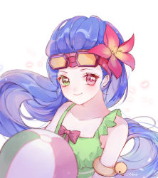 Rule 34 | 1girl, absurdly long hair, absurdres, alternate costume, alternate eye color, alternate hair color, bare shoulders, bikini, bow, flower, frilled bikini, frilled skirt, frills, goggles, hair flower, hair ornament, highres, league of legends, long hair, multicolored eyes, pool party zoe, skirt, solo, swimsuit, very long hair, zoe (league of legends)