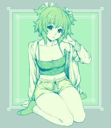 Rule 34 | 1girl, ankle socks, arm at side, assault lily, blouse, blush, border, breasts, camisole, cleavage, closed mouth, collarbone, commentary, crop top, full body, green background, green border, green theme, hair ribbon, hand in own hair, hand up, head tilt, highres, long sleeves, looking at viewer, medium breasts, midriff, monochrome, navel, no shoes, off shoulder, open clothes, open shirt, outside border, ribbon, shirt, short hair, short shorts, shorts, single bare shoulder, sitting, socks, solo, spaghetti strap, stomach, tori udon, two side up, wariza, yoshimura thi mai