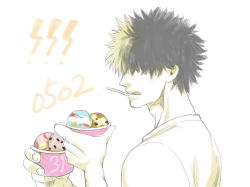 Rule 34 | 1boy, baskin-robbins, black hair, chachamaru (sxb!), food, hair over eyes, highres, hikage tenma, hinomaru zumou, holding, holding food, ice cream, male focus, mouth hold, simple background, solo, spoon, standing, upper body, white background