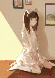 Rule 34 | 1girl, bow, brown eyes, brown hair, cherry, collarbone, cotta, dress, flat chest, food, fruit, hair bow, hairband, kneehighs, nipples, original, painting (object), see-through, sitting, socks, solo, v arms, wariza, white socks