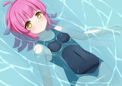 Rule 34 | 1girl, ahoge, blue one-piece swimsuit, blunt bangs, blunt ends, blush, breasts, collarbone, commentary, covered navel, expressionless, eyelashes, kinnikku, looking at viewer, love live!, love live! nijigasaki high school idol club, on water, one-piece swimsuit, partially submerged, pink hair, school swimsuit, school swimsuit flap, short hair, small breasts, solo, swimsuit, tennoji rina, thighs, water, yellow eyes