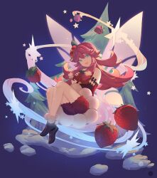 Rule 34 | 1girl, 8bupolbwaxx2mve, alternate costume, bare shoulders, blue eyes, detached sleeves, dragalia lost, dress, fairy wings, food, fruit, full body, hair ornament, holding, holding food, holding fruit, long hair, looking at viewer, notte (dragalia lost), open mouth, pink hair, red dress, snow, solo, star (symbol), strawberry, tree, wings