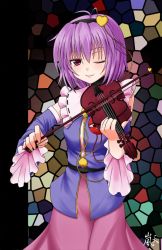 Rule 34 | 1girl, chien zero, detached sleeves, eyeball, female focus, hairband, heart, instrument, komeiji satori, music, one eye closed, ourobunny, playing instrument, purple eyes, short hair, skirt, smile, solo, stained glass, third eye, touhou, violin, wink