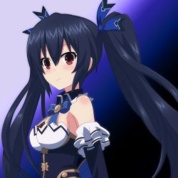 Rule 34 | bare shoulders, black hair, blue background, breasts, cleavage, collar, dress, highres, jacket, long hair, medium breasts, mirroa1015, neptune (series), noire (neptunia), red eyes, ribbon, smile, tsundere, twintails, upper body, very long hair, waistcoat