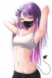 Rule 34 | 1girl, absurdres, arms up, breasts, demon tail, green eyes, hair bun, hair ornament, highres, hololive, long hair, looking at viewer, mask, medium breasts, mouth mask, multicolored hair, navel, pink hair, purple hair, shira jun, simple background, single side bun, solo, sports bra, stomach, tail, tokoyami towa, two-tone hair, upper body, very long hair, virtual youtuber, white background, white sports bra, x hair ornament