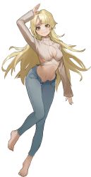 Rule 34 | 1girl, absurdres, arm up, bang dream!, barefoot, blonde hair, breasts, cleavage, cleavage cutout, closed mouth, clothing cutout, denim, evolved virgin killer sweater, highres, jeans, long hair, long sleeves, looking at viewer, medium breasts, navel, pants, simple background, smile, solo, sweater, tsurumaki kokoro, underboob, white background, yellow eyes, yogu (user rxdx2445)
