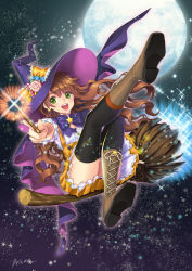 Rule 34 | 1girl, :d, artist name, black thighhighs, boots, bow, briska, broom, brown hair, candy, convenient skirt, cross-laced footwear, food, full body, full moon, green eyes, halloween, hat, holding, long hair, moon, open mouth, original, outstretched arm, shoe soles, signature, sitting, skirt, sky, smile, solo, sparkle, star (sky), star (symbol), starry sky, thighhighs, wand, witch, witch hat