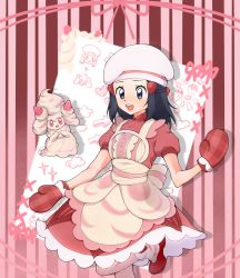 Rule 34 | 1girl, :d, alcremie, alcremie (strawberry sweet), apron, artist request, black hair, buttons, chef hat, commentary, creatures (company), dawn (palentine&#039;s 2021) (pokemon), dawn (pokemon), dress, eyelashes, game freak, gen 8 pokemon, grey eyes, hair ornament, hairclip, hand up, happy, hat, highres, leg up, leg warmers, long hair, mittens, nintendo, official alternate costume, open mouth, oven mitts, pokemon, pokemon (creature), pokemon masters ex, red dress, red footwear, red mittens, shoes, short sleeves, sidelocks, smile, sparkle, teeth, tongue, upper teeth only, white headwear, yellow apron