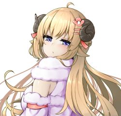 Rule 34 | 1girl, ahoge, animal ears, arm cuffs, bad id, bad pixiv id, bare shoulders, blonde hair, blue eyes, blush, breasts, detached sleeves, fur-trimmed sleeves, fur collar, fur trim, hair ornament, hairclip, highres, hololive, horns, long hair, looking at viewer, looking back, lunch boxer, open mouth, parted lips, sheep ears, sheep horns, simple background, solo, tsunomaki watame, tsunomaki watame (1st costume), virtual youtuber, white background