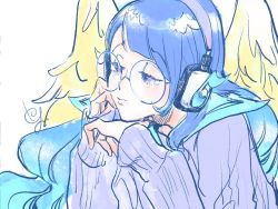 Rule 34 | 1girl, angel wings, blue hair, closed mouth, feathered wings, half-closed eyes, hand on own chin, hand on own face, head rest, headphones, highres, kyouta 22, leanan sidhe (housamo), long hair, musical note, purple eyes, purple shirt, round eyewear, sad, sailor collar, school uniform, shirt, signature, solo, sweater, tears, tokyo houkago summoners, upper body, white background, wings