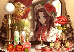 Rule 34 | 1girl, :&gt;, black eyes, blurry, blush, bottle, brown hair, closed mouth, cosmetics, depth of field, flower, hat, indoors, long hair, looking at viewer, mirror, neck ribbon, original, perfume bottle, petals, plant, rainbow, red flower, red ribbon, red rose, reflection, ribbon, rose, smile, solo, srb7606, table, vanity table, vase, wallpaper (object), wavy hair