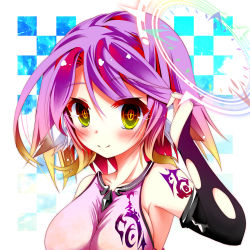 Rule 34 | + +, 1girl, alternate hair length, alternate hairstyle, armpits, bare shoulders, blush, breasts, bridal gauntlets, checkered background, collarbone, commentary request, spiked halo, crop top, gloves, glowing, glowing eyes, gradient hair, hair between eyes, halo, hand up, highres, jibril (no game no life), large breasts, looking at viewer, mii aki, multicolored eyes, multicolored hair, no game no life, pink hair, pink shirt, shirt, short hair, shoulder tattoo, sideboob, sidelocks, sleeveless, sleeveless shirt, smile, solo, symbol-shaped pupils, tattoo, torn clothes, torn gloves, upper body, wing ears, yellow eyes