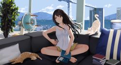 Rule 34 | .l.l, 1girl, absurdres, animal, barefoot, black hair, blue sky, book, breasts, building, camisole, can, cat, cloud, commentary request, couch, crane (machine), day, drink can, electric fan, highres, holding, holding book, holding can, horizon, indian style, indoors, long hair, mountain, ocean, on couch, open book, original, pillow, short shorts, shorts, sitting, sky, skyscraper, small breasts, soda can, solo, water, white camisole, yellow shorts