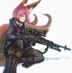 Rule 34 | 1girl, animal ears, arceonn, battle rifle, belt pouch, black gloves, black pantyhose, boots, colorized, fox ears, fox tail, gloves, gun, highres, jacket, knee boots, m14, magazine (weapon), multiple tails, necktie, nia (arceonn), on one knee, original, pantyhose, pink hair, pleated skirt, pouch, rifle, scarf, school uniform, scope, serafuku, short hair, skirt, solo, tail, weapon, yellow eyes