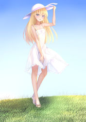 Rule 34 | 1girl, absurdres, arm up, blonde hair, blue eyes, blush, breasts, dress, dress tug, feet, full body, hand on headwear, hat, highres, legs, long hair, open mouth, original, outdoors, sandals, short dress, sky, small breasts, solo, sun hat, sundress, tattuuy, white dress, white hat, wind, wind lift