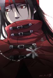 Rule 34 | 1boy, 49lain, black hair, cloak, covered mouth, final fantasy, final fantasy vii, headband, highres, charm (object), long hair, looking to the side, messy hair, pale skin, red eyes, square enix, vincent valentine, white background