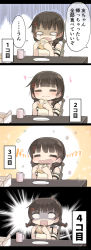 Rule 34 | 1girl, 4koma, = =, bare shoulders, blank eyes, box, braid, brown hair, chair, comic, commentary request, cream puff, crying, crying with eyes open, cup, eating, food, hair ornament, hair over shoulder, hairclip, heart, highres, holding, holding food, long hair, mug, open mouth, original, plate, sitting, solo, surprised, table, tears, translation request, twin braids, upper body, yopan danshaku