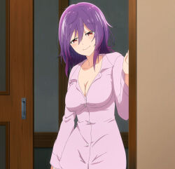 Rule 34 | 1girl, absurdres, aoba yuzuki, blush, breasts, buttons, cleavage, collarbone, door, dress shirt, hair between eyes, highres, large breasts, long hair, long sleeves, looking at viewer, pink shirt, purple hair, red eyes, screencap, shirt, stitched, temple (series), third-party edit